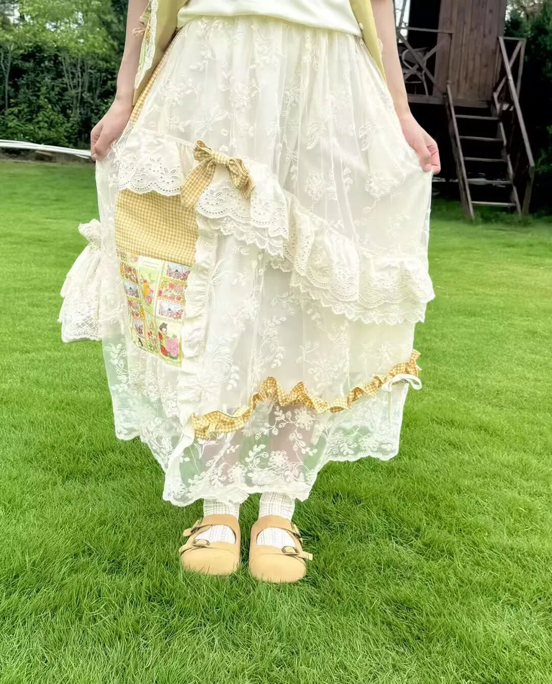 Yellow Lace Cotton Long Skirts