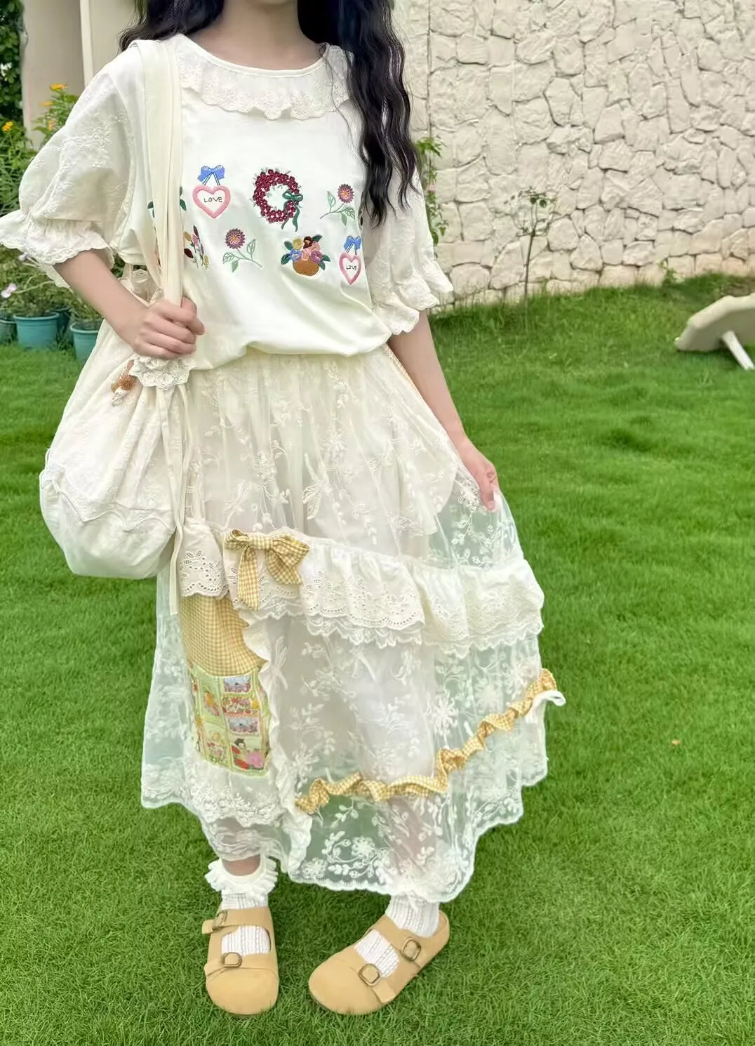 Yellow Lace Cotton Long Skirts