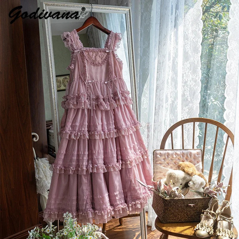 Pink Polka Dot Mesh Lace Multi-layer Long Dress