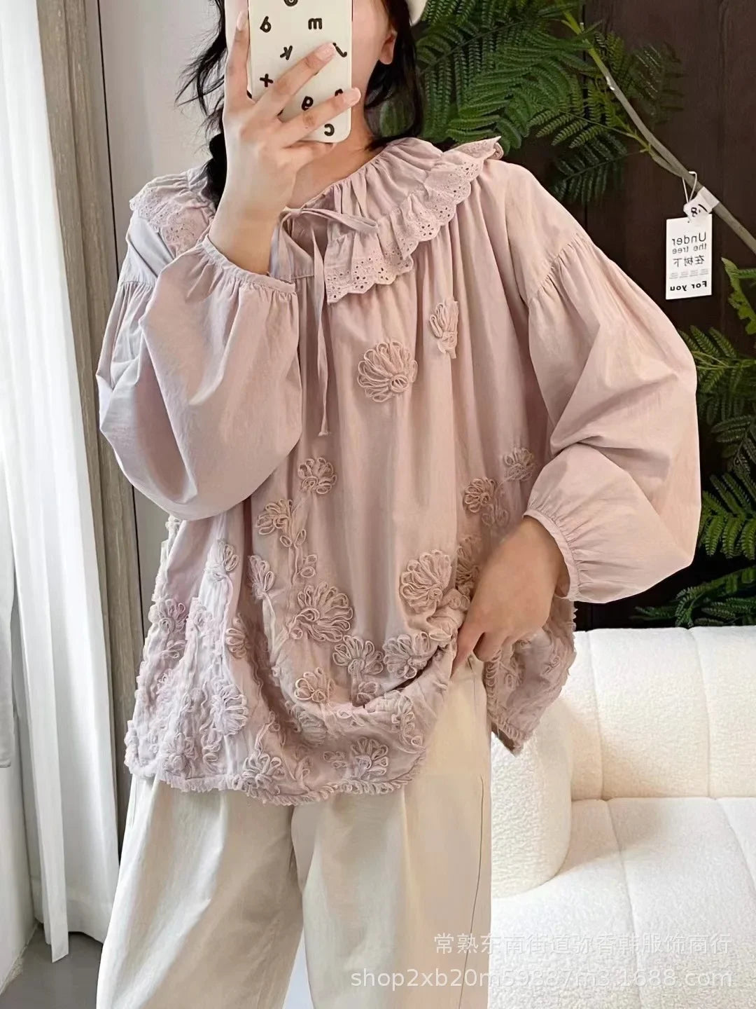 Vintage Embroidery Flower Cotton Linen Shirts Women Spring Summer Japanese Mori Ruffled Lace-up Long Sleeve Blouse Casual Tops