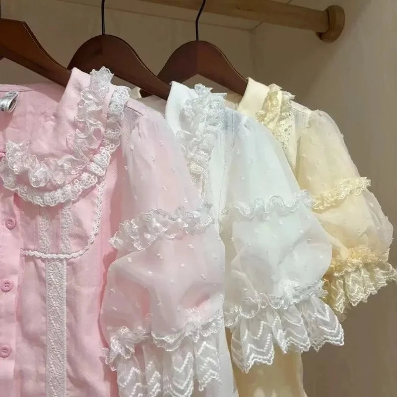 Summer Japanese Sweet Lolita Shirts Women Kawaii Cute Puff Short Sleeve Lace Ruffles Slim Blouses Tops Girls Y2k Clothes New
