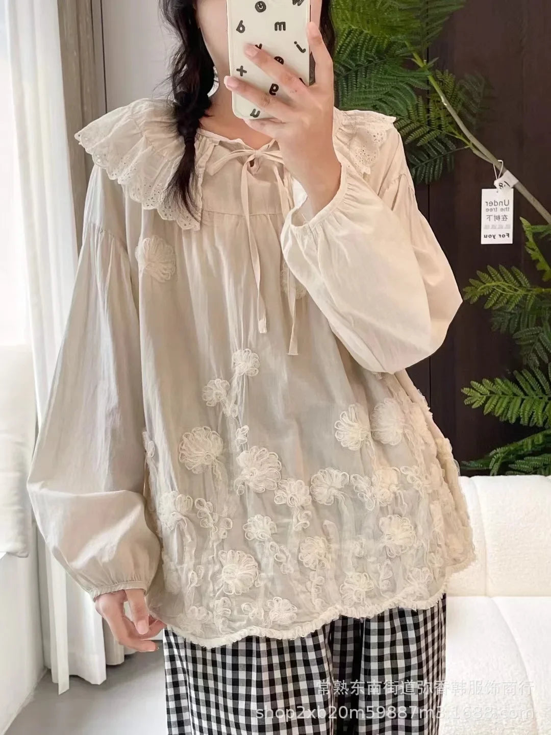 Vintage Embroidery Flower Cotton Linen Shirts Women Spring Summer Japanese Mori Ruffled Lace-up Long Sleeve Blouse Casual Tops