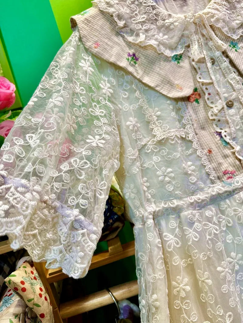 Cotton Linen Lace Cover Patchwork Midi Dress