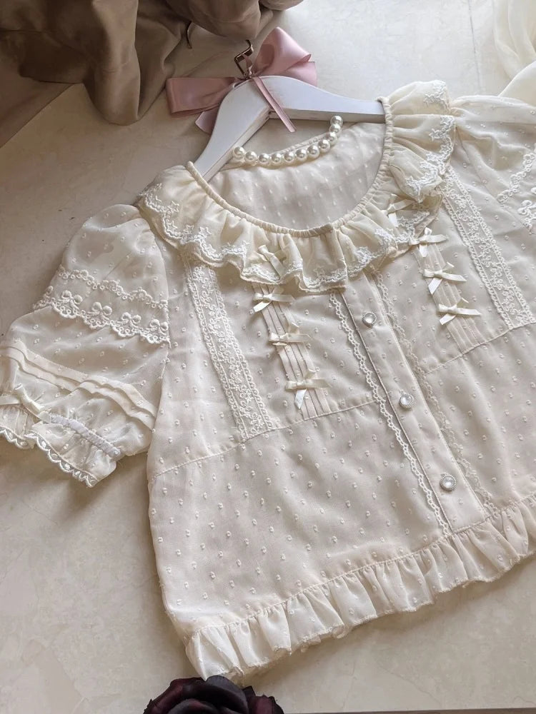 Chiffon Shirts Vintage Lace Ruffles Bow Blouse