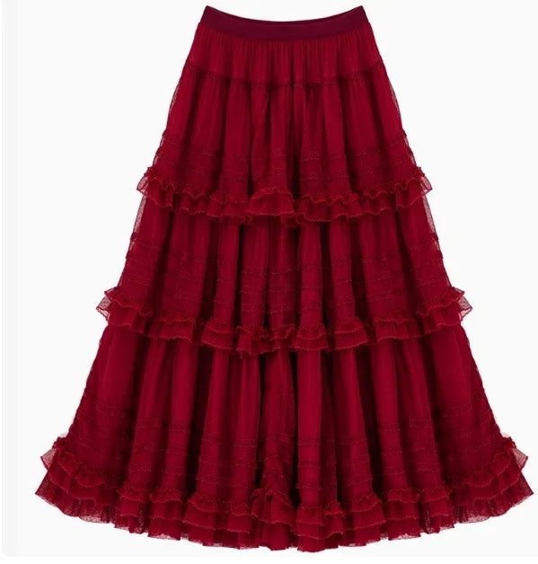Pink Polka Dot Mesh Lace Multi-layer Long Dress