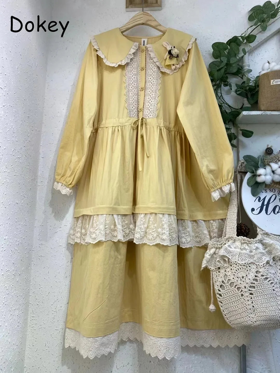 Mori Girl Lace Ruffles Patchwork Dress for Women, Sweet Peter Pan Collar, Kawaii Long Sleeve Dress, Japanese Cotton Linen Loose