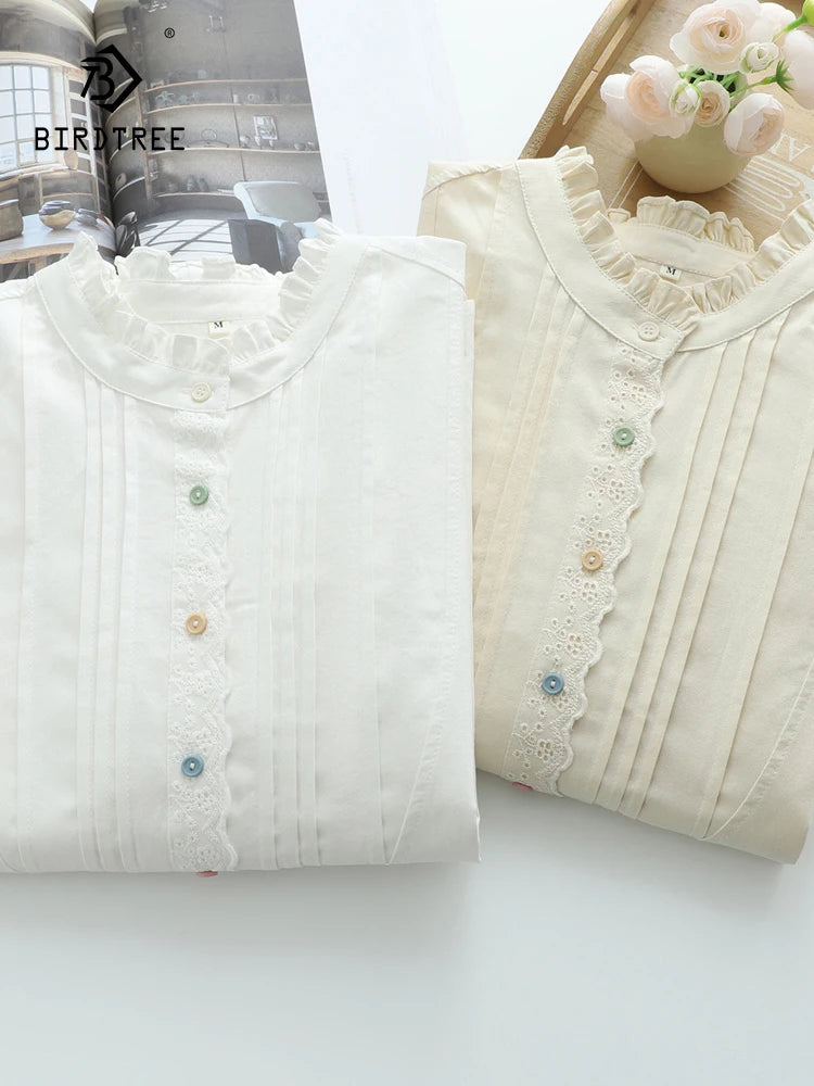New 2025 Autumn Cotton Long Sleeve Shirt, Women Stand Ruffles Patchwork, Mori Girl Folds Temperament Chic Loose Blouse T59125CC