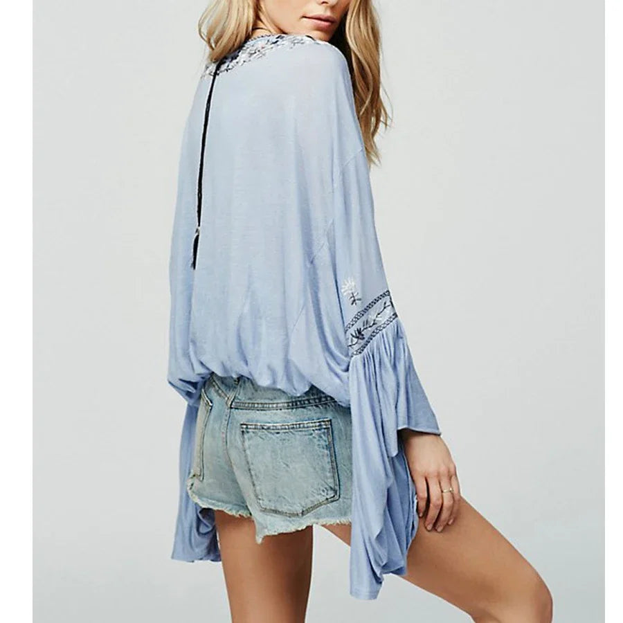 Floral Embroidered Flare Long Sleeve V-neck Casual Blouses