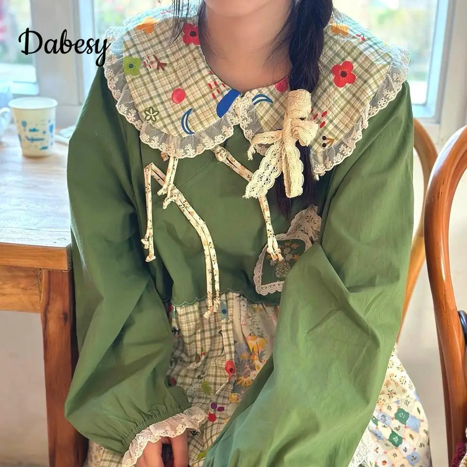 Patchwork Green Cotton Linen Lace Ruffle Doll Collar Top