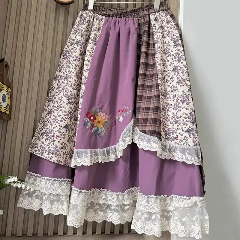 Embroidery Cotton Lace Up Skirt