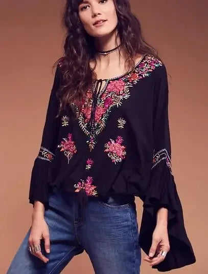 Floral Embroidered Flare Long Sleeve V-neck Casual Blouses