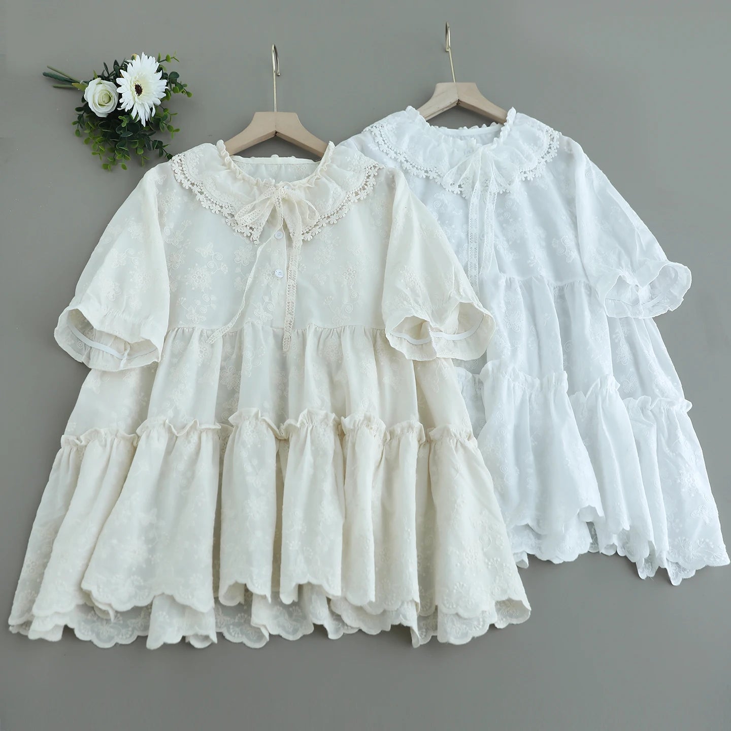 Japanese Sweet Mori Girl Embroidery Jacquard Cotton Shirts Women Summer Ruffled Lace Up Collar Short Sleeve Casual Blouse Tops