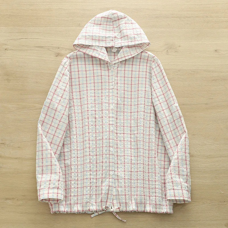 New 2025 Autumn Bubble Cotton Hooded Shirt, Women Long Sleeve Plaid, Mori Girl Casual Versatile Sunscreen Loose Blouse T57448CC