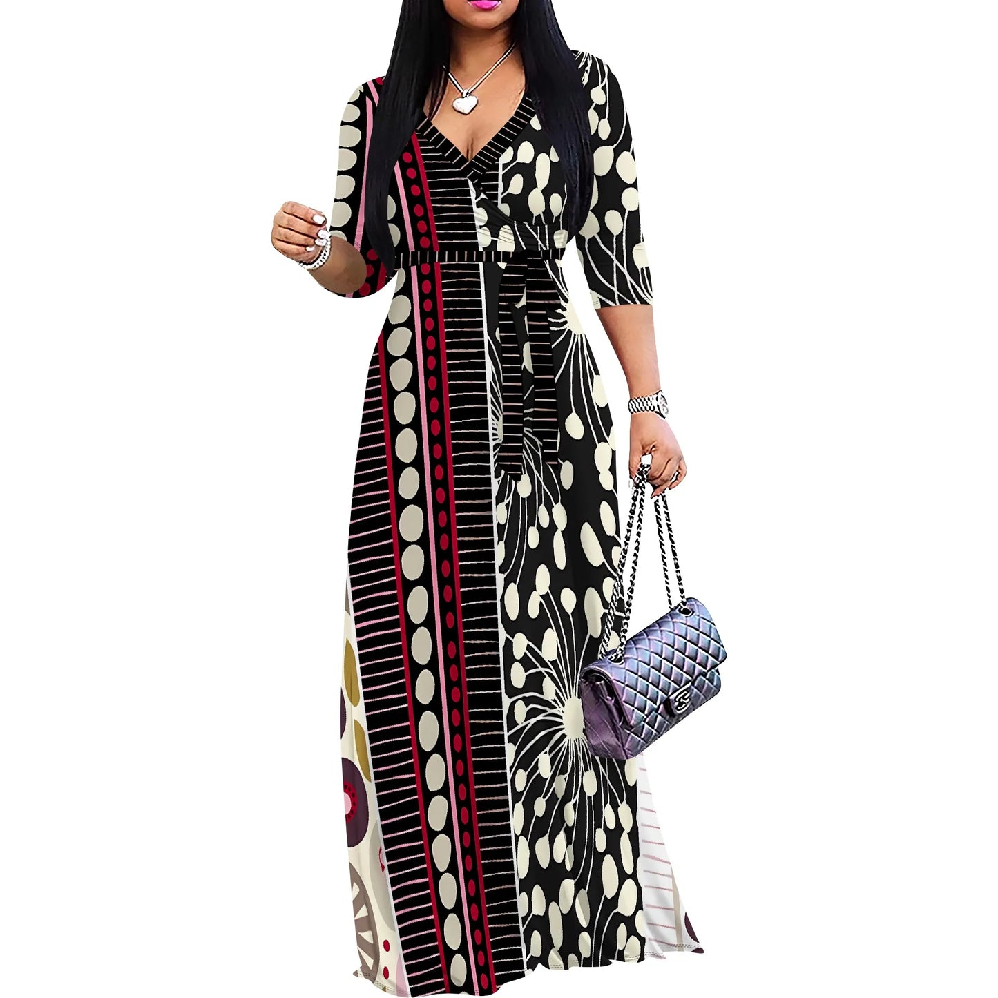 Heart & Dot Print Casual Wrap Maxi Dress