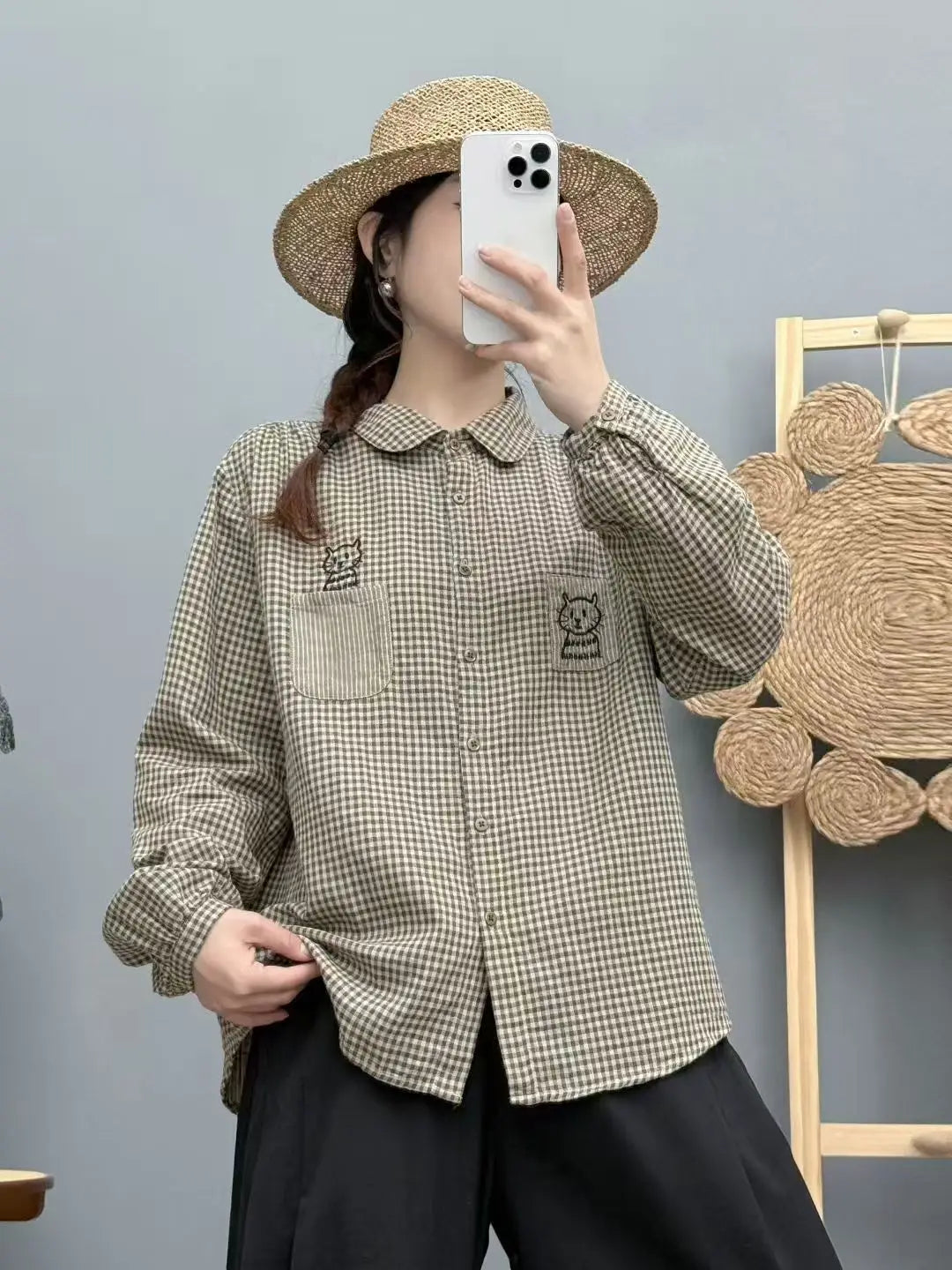 New 2025 Autumn Cotton Yarn Long Sleeve Shirt, Women Lapel Striped Embroidery, Mori Girl Fashion OL Cute Loose Blouse T58050CC