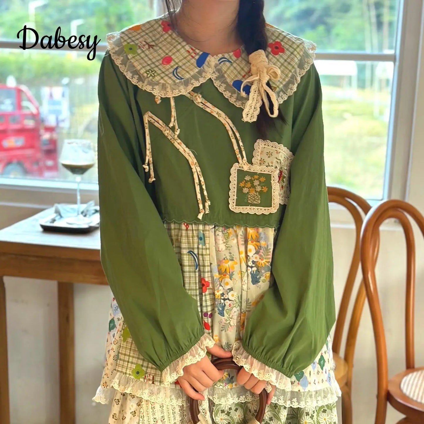 Patchwork Green Cotton Linen Lace Ruffle Doll Collar Top