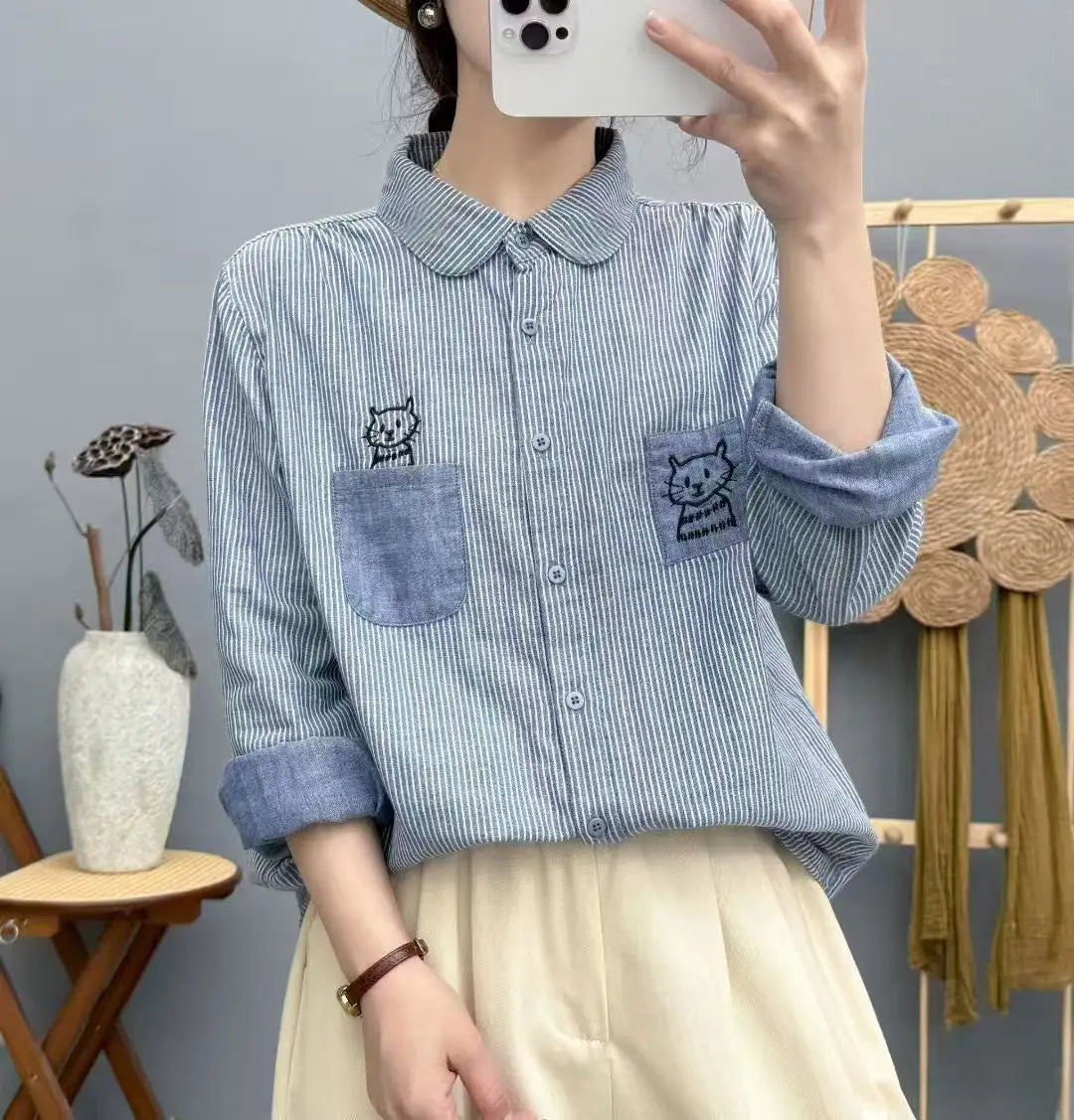 New 2025 Autumn Cotton Yarn Long Sleeve Shirt, Women Lapel Striped Embroidery, Mori Girl Fashion OL Cute Loose Blouse T58050CC