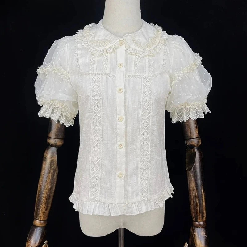 Summer Japanese Sweet Lolita Shirts Women Kawaii Cute Puff Short Sleeve Lace Ruffles Slim Blouses Tops Girls Y2k Clothes New