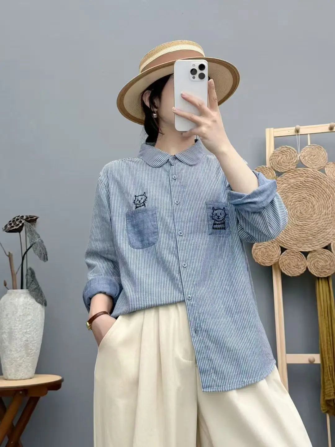 New 2025 Autumn Cotton Yarn Long Sleeve Shirt, Women Lapel Striped Embroidery, Mori Girl Fashion OL Cute Loose Blouse T58050CC