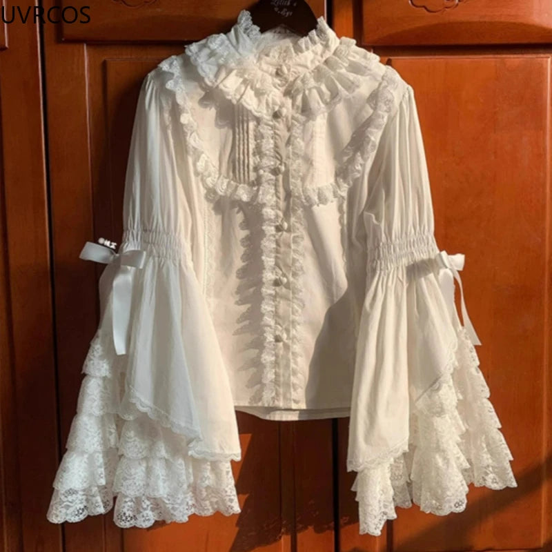 Japanese Sweet Cute Lolita Flare Sleeve Bow Shirts Women Y2k Aesthetic Lace Patchwork Blouse Kawaii Girl Loose Blusas Mujer Tops