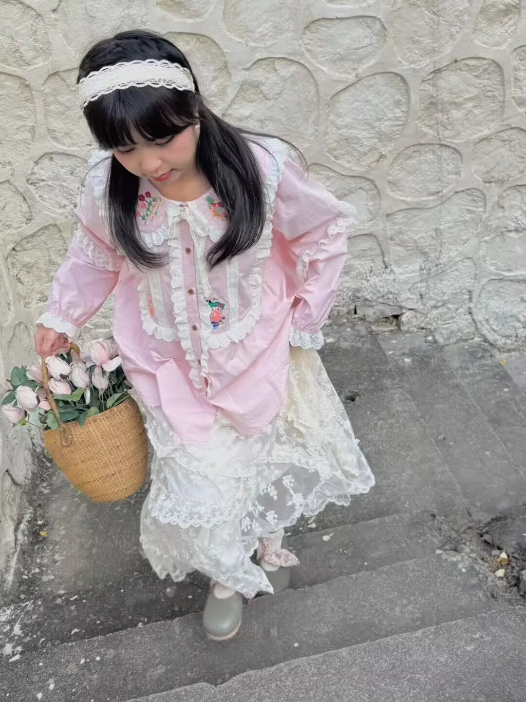 Lace Embroidery Skirts Women Vintage Pleated A-Line Skirt