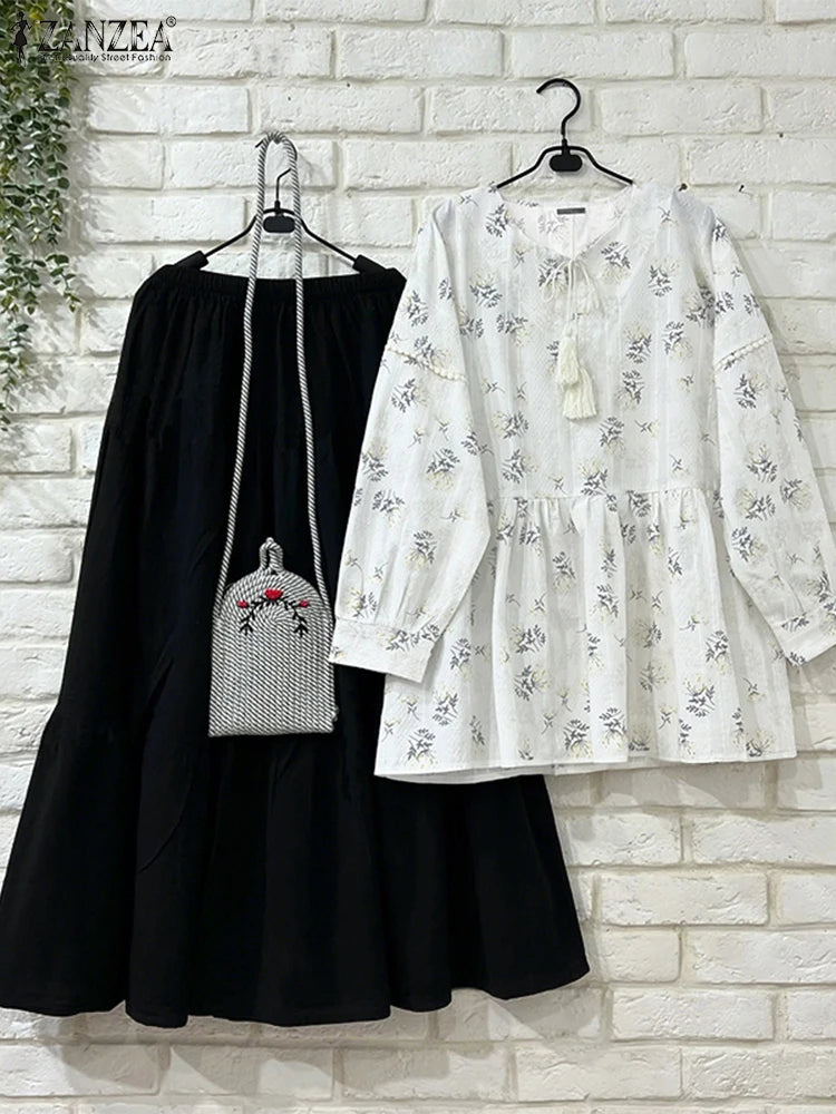 ZANZEA 2025 Autumn Long Dress Sets Women Tassel Blouse Skirts Fashion Long Sleeve Suits Casual Loose Printed Matching Sets
