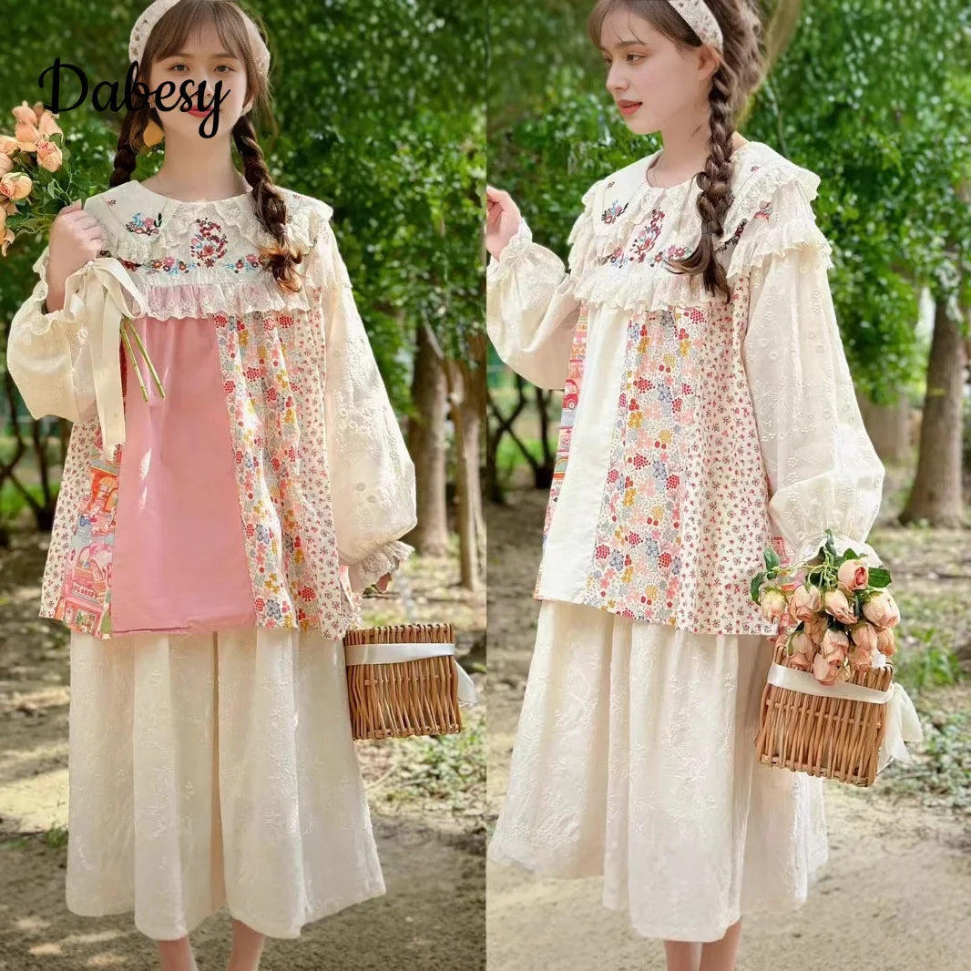 Vintage Embroidery Lace Ruffles Patchwork Shirt Women