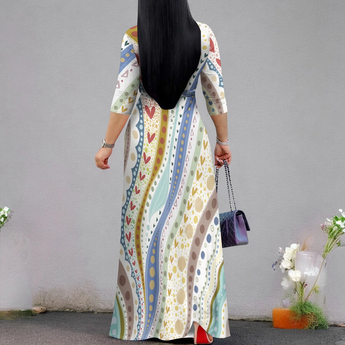 Heart & Dot Print Casual Wrap Maxi Dress