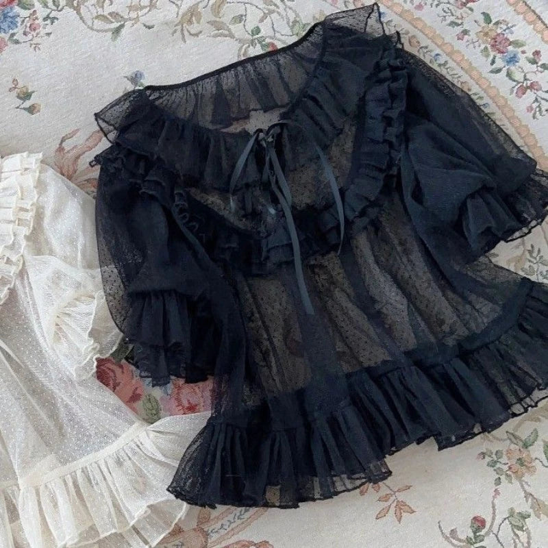 Lolita Sweet Lace Patchwork Women Blouse Japanese Y2K Aesthetic See Through Ruffled Shirt Summer Harajuku Grunge Bandage Blusas
