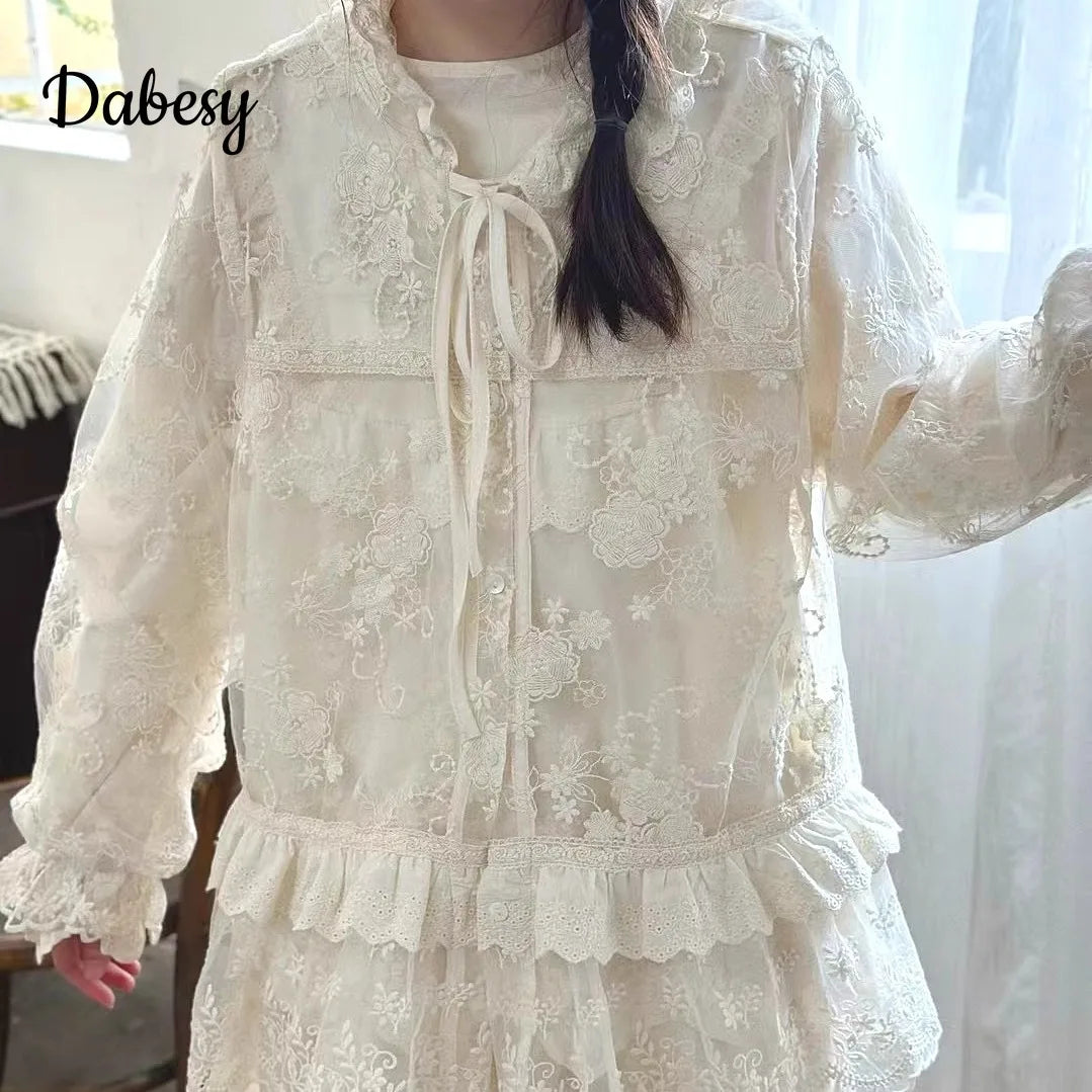 Embroidered Lace Hooded Ruffled Lace-up Jacket