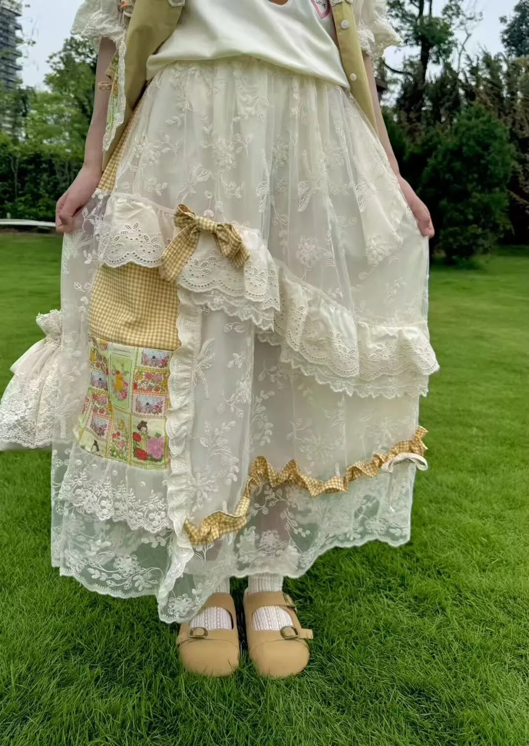 Yellow Lace Cotton Long Skirts