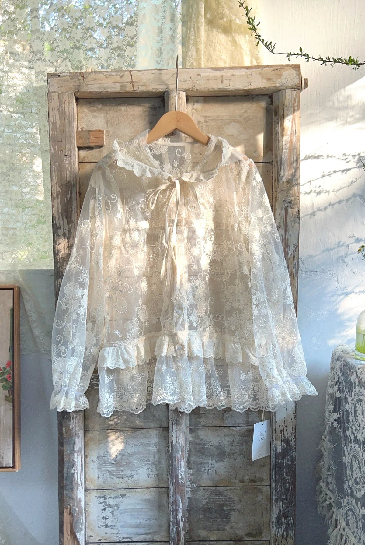 Embroidered Lace Hooded Ruffled Lace-up Jacket