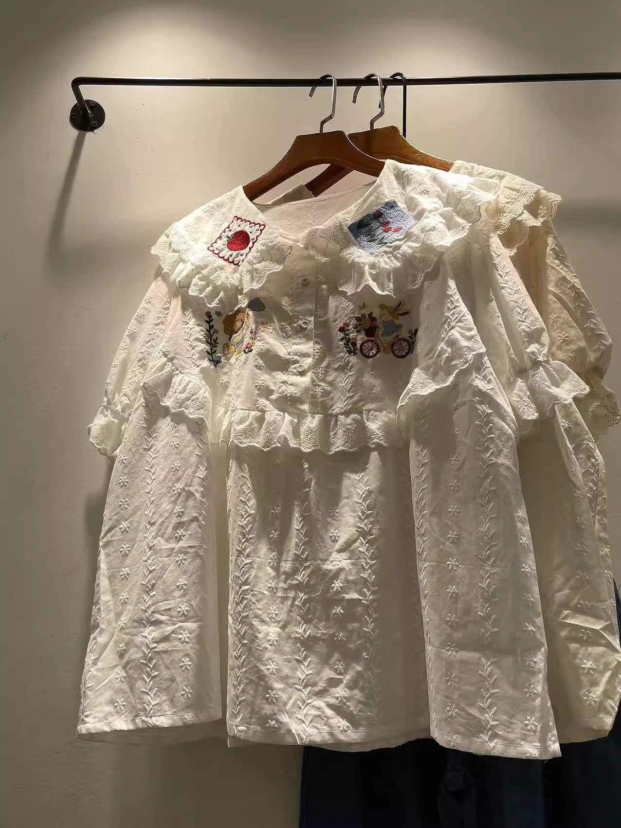Japanese mori girl peter pan collar cartoon patch lace embroider shirts and blouses for women autumn sweet cotton cute clothes