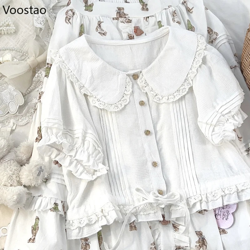 Japanese Kawaii Lolita Cotton Shirt Women Vintage Peter Pan Collar Puff Sleeve JK Blouses Girls Sweet Lace Ruffles Shirt Tops