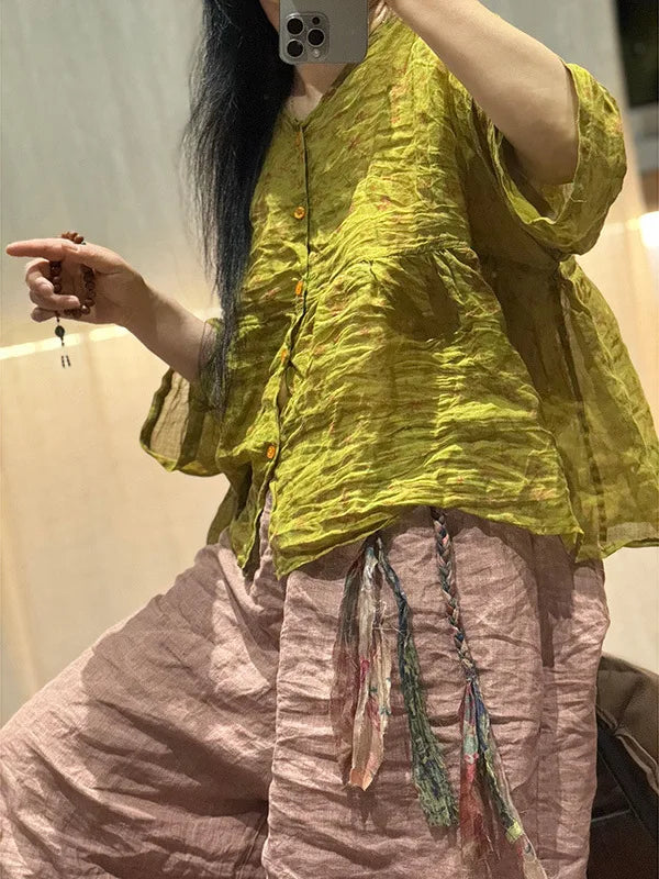 Women Loose Printed Ramie Blouse Ladies V Neck Thin Vintage Shirt 2024 Long Sleeves Cute Mori Girl Clothing Summer Blusas Mujer