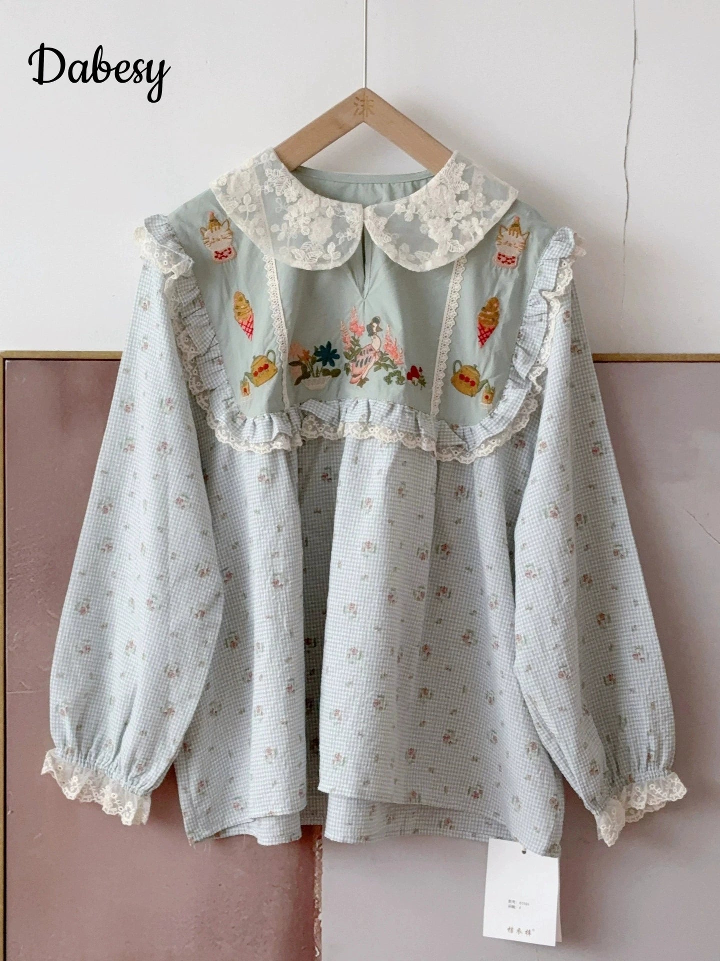 Japanese Patchwork Lolita Blouses Women Vintage Lace Ruffled Peter Pan Collar Kawaii Shirt Sweet Mori Puff Sleeve Blusas Mujer
