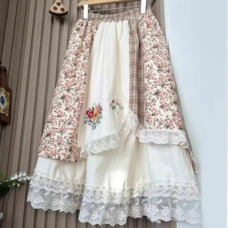 Embroidery Cotton Lace Up Skirt