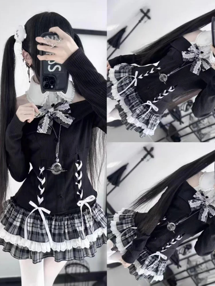 2-piece Bow Long Sleeve Suit Knit Outfit