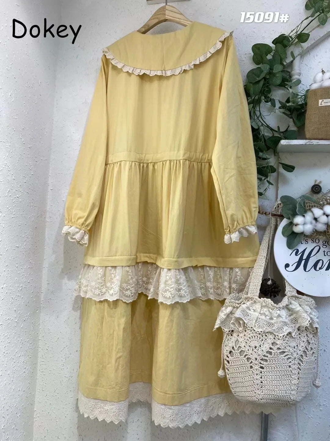 Mori Girl Lace Ruffles Patchwork Dress for Women, Sweet Peter Pan Collar, Kawaii Long Sleeve Dress, Japanese Cotton Linen Loose