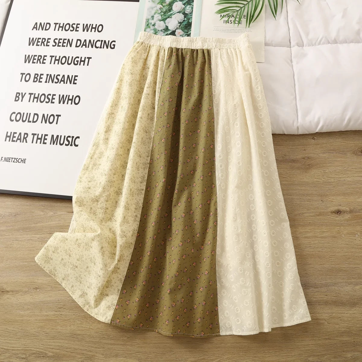 2025 Mori kei fashion elastic waist print patchwork long skirts for women rustic style 100% cotton a-line midi skirts