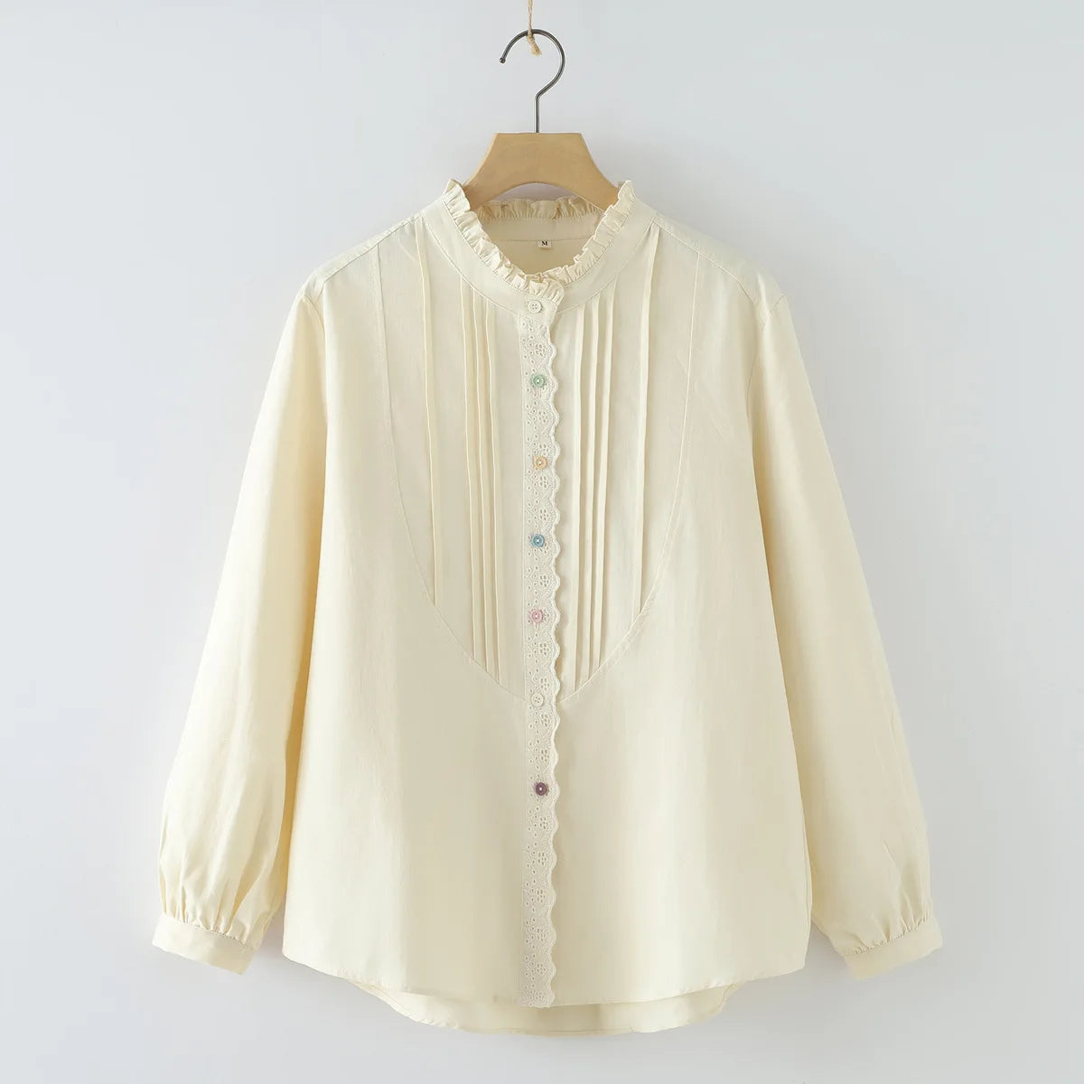 New 2025 Autumn Cotton Long Sleeve Shirt, Women Stand Ruffles Patchwork, Mori Girl Folds Temperament Chic Loose Blouse T59125CC