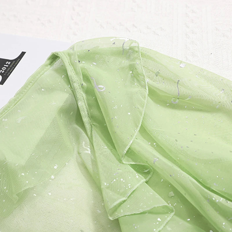 Women Ruffles Sweet Long Sleeved Lace Up Transparent Knit Short Coat Mesh Sheer Shinny Basics Chiffon Sun-proof Shirt