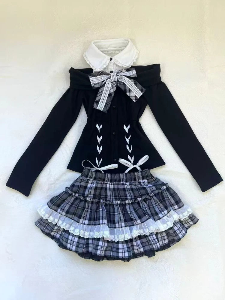 2-piece Bow Long Sleeve Suit Knit Outfit