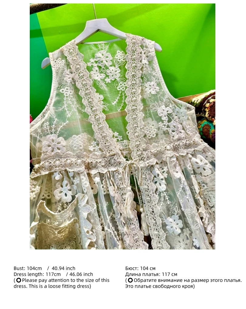 Vintage Ruffled Lace Transparent Sleeveless Long Dress Victorian Midi Dress