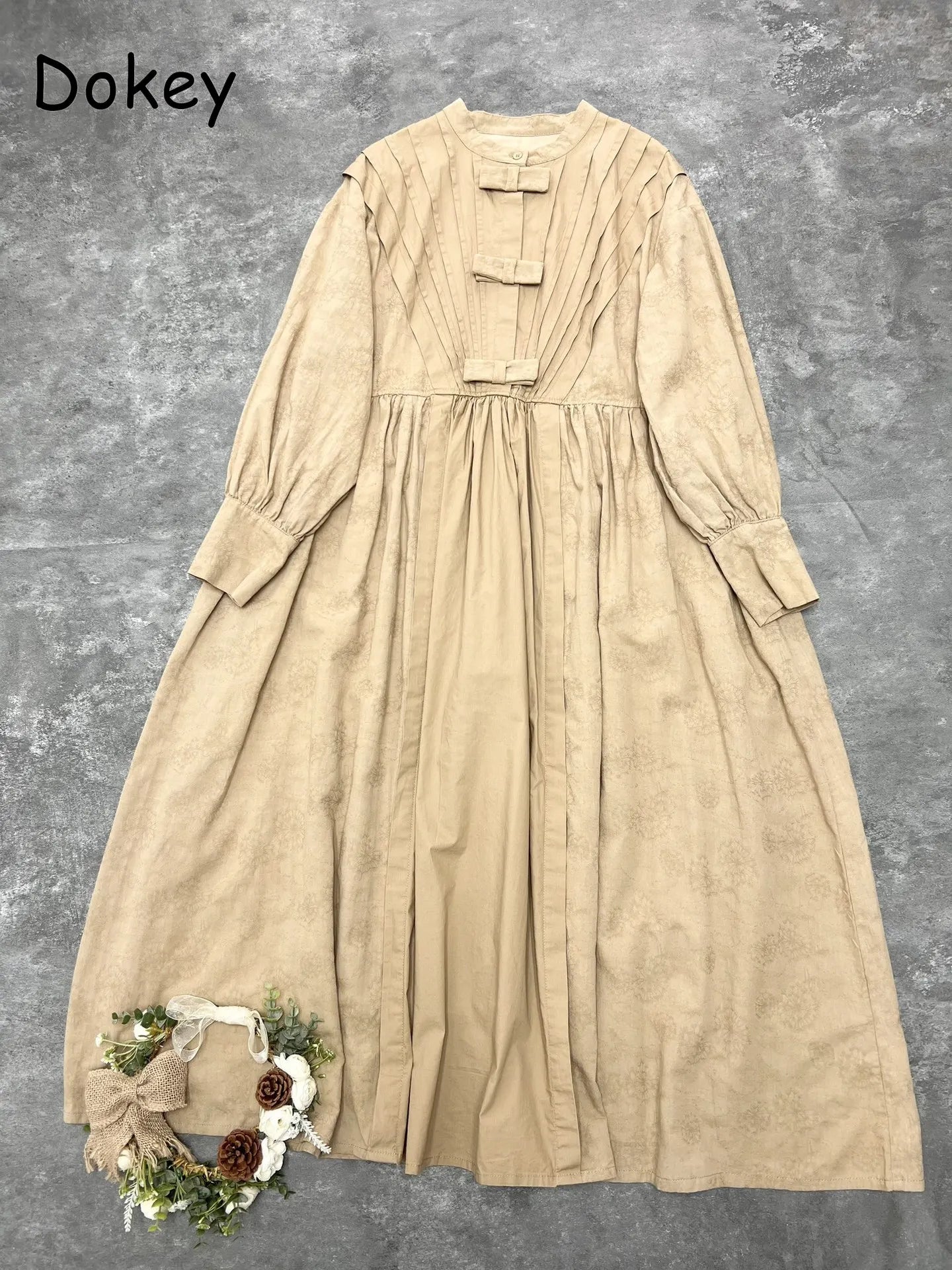 Vintage Pleated Cotton Linen Long Dress Women Spring Japan Mori Girl O Neck Puff Sleeve French Midi Dress Casual Loose Vestidos