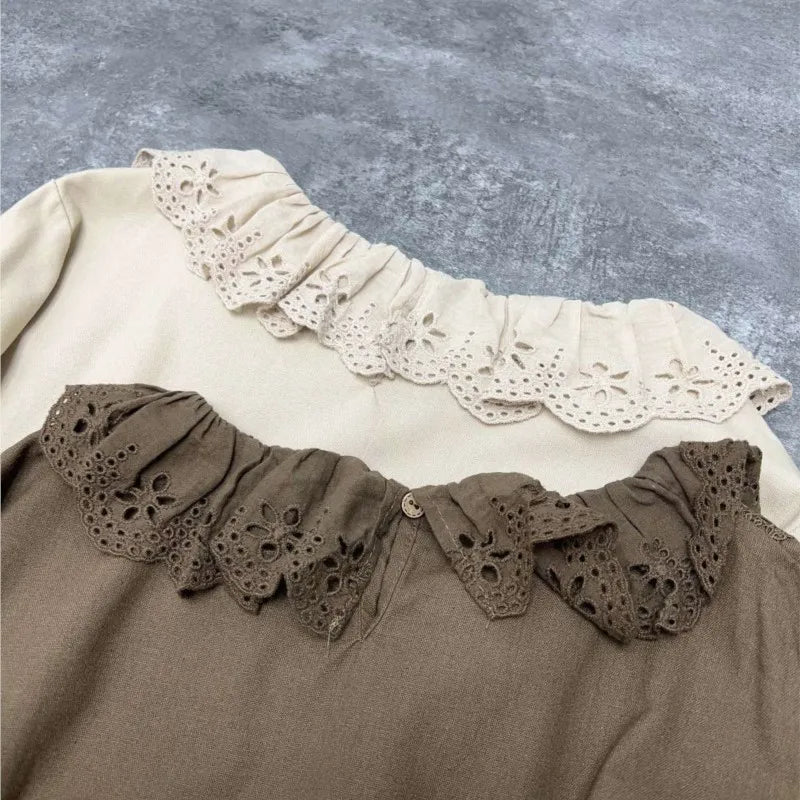 Johnature New Japanese Women Doll Dresses 2025 Autumn New Ruffles Collar Mori Cotton Linen Dress Vintage Casual Loose Dresses