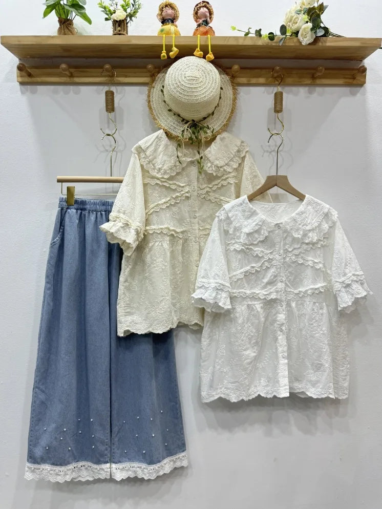 Mori kei clothing sweet lolita shirt peter pan collar short sleeve lace embroider shirts and blouses Japanese style vintage tops