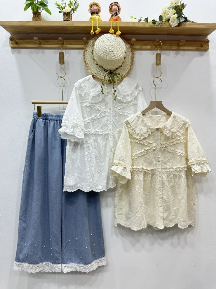 Mori kei clothing sweet lolita shirt peter pan collar short sleeve lace embroider shirts and blouses Japanese style vintage tops