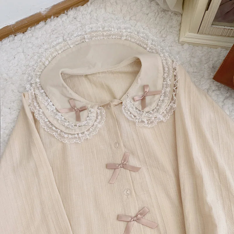 Himifashion Women Elegant Blouses 2025 Lolita Kawaii Lace Collar Vintage Button Up Shirt Female Chic Long Sleeve Top Black White