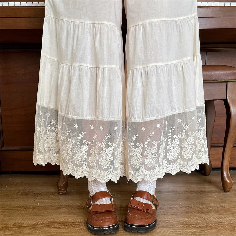 Lace Embroidery Cotton Wide Leg Pants